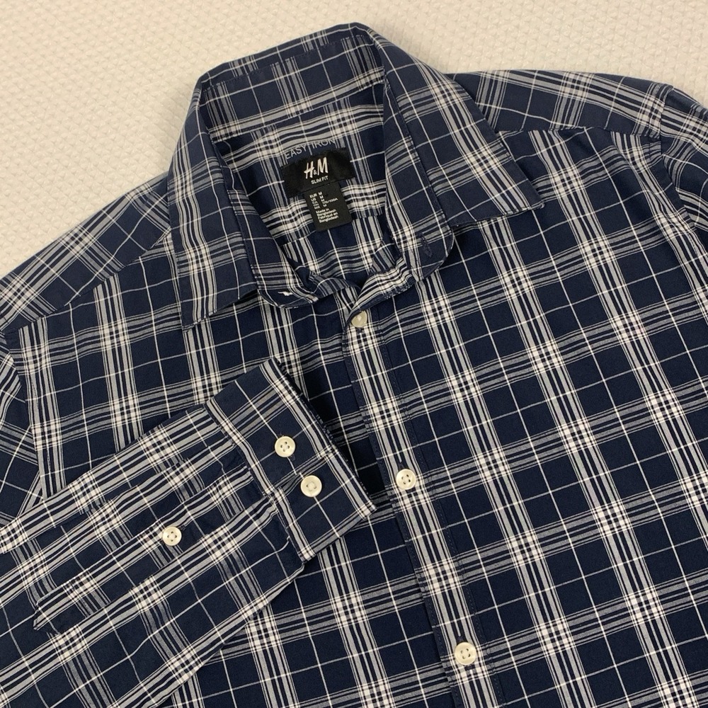 H&M Blue White Plaid Button Down Shirt Mens Medium M Slim Fit Easy Iron